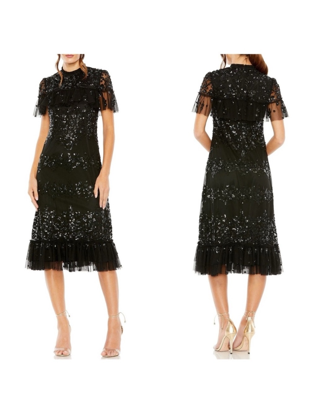 New Mac Duggal Sequined Flounce Midi Dress Sparkle Short Sleeve 9193 Sz 14